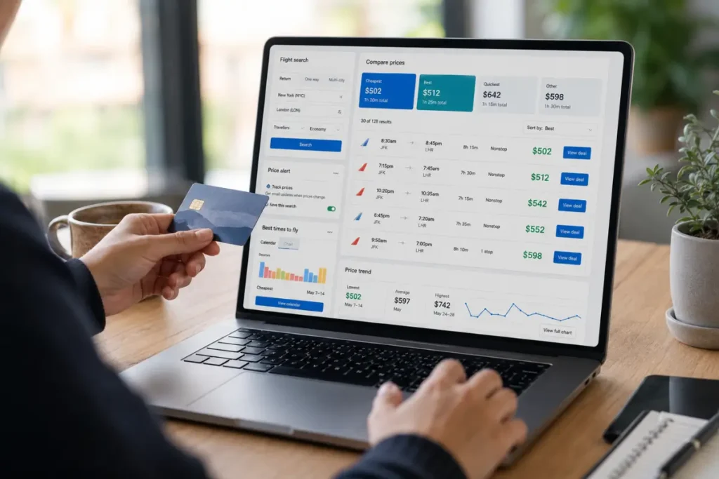 Comparing flight deals across multiple booking websites.