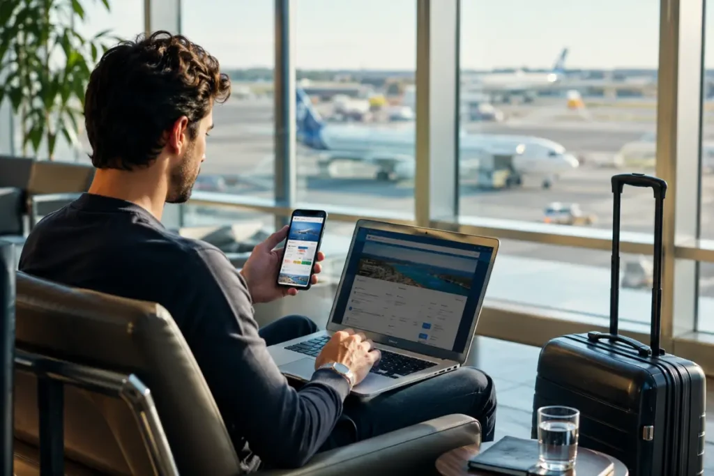 Traveler comparing the best flight deals before booking.