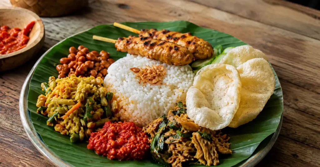 Authentic Balinese nasi campur served at a local
warung — affordable food experience among the
best things to do in Bali on a budget