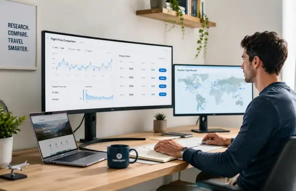 Travel researcher comparing cheap flight prices on dual monitors showing flight price comparison charts and popular routes map Fly Budgeter budget travel research desk