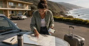 travel West Coast road trip planning scene with a road map, car, smartphone, and affordable accommodation