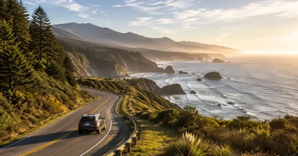 travel West Coast road trip along the Pacific Coast with scenic highways, mountains, and ocean views